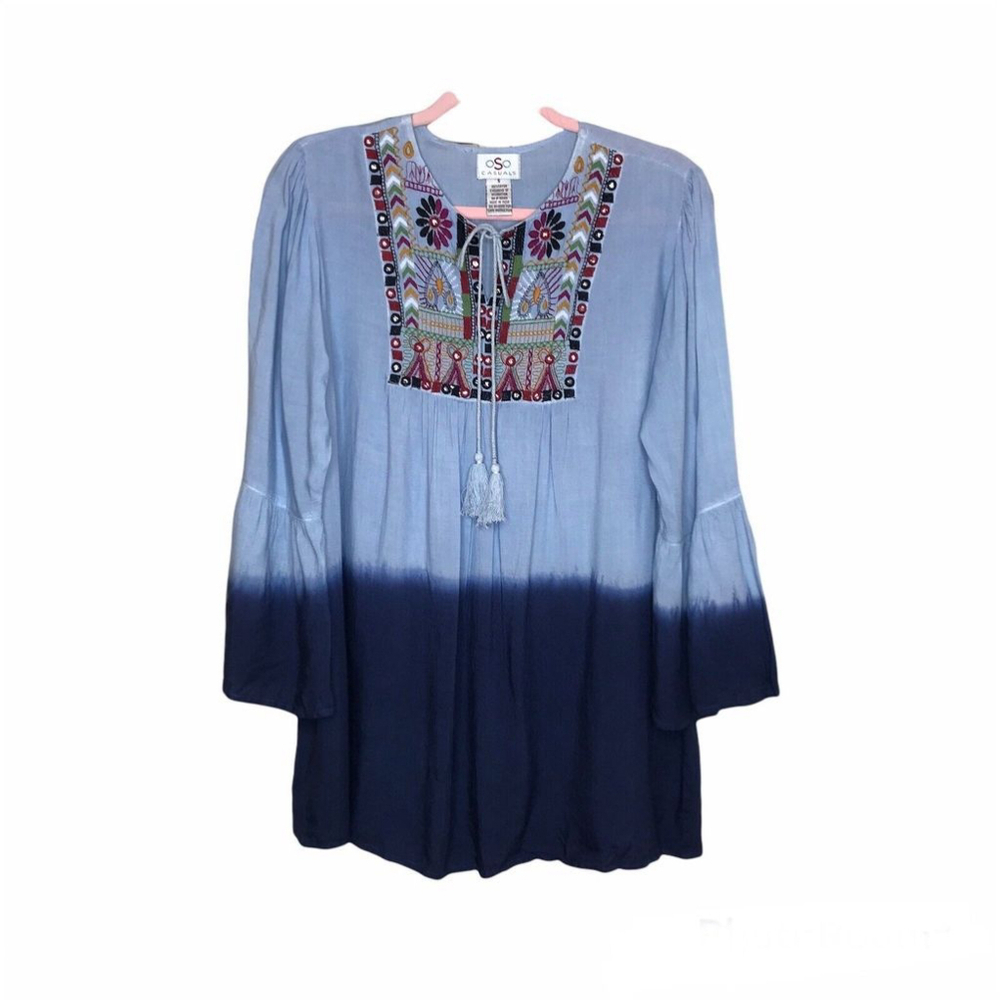 oSo Casuals Tie Neck Top Size S Boho Aztec Woven Dip-Dye Bell Sleeve Embroidered